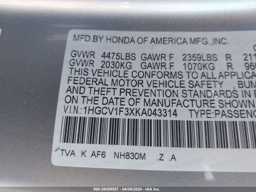 2019 Honda Accord Sport VIN: 1HGCV1F3XKA043314 Lot: 39309557