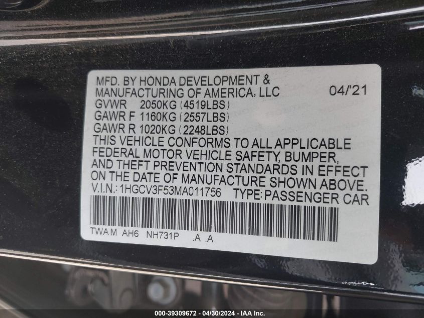 2021 Honda Accord Hybrid Ex-L VIN: 1HGCV3F53MA011756 Lot: 39309672