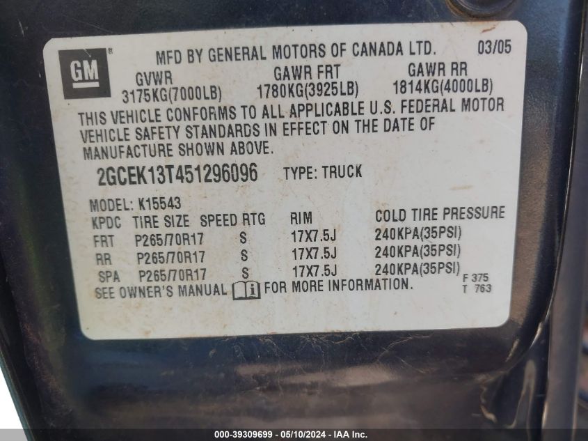 2005 Chevrolet Silverado 1500 Z71 VIN: 2GCEK13T451296096 Lot: 39309699