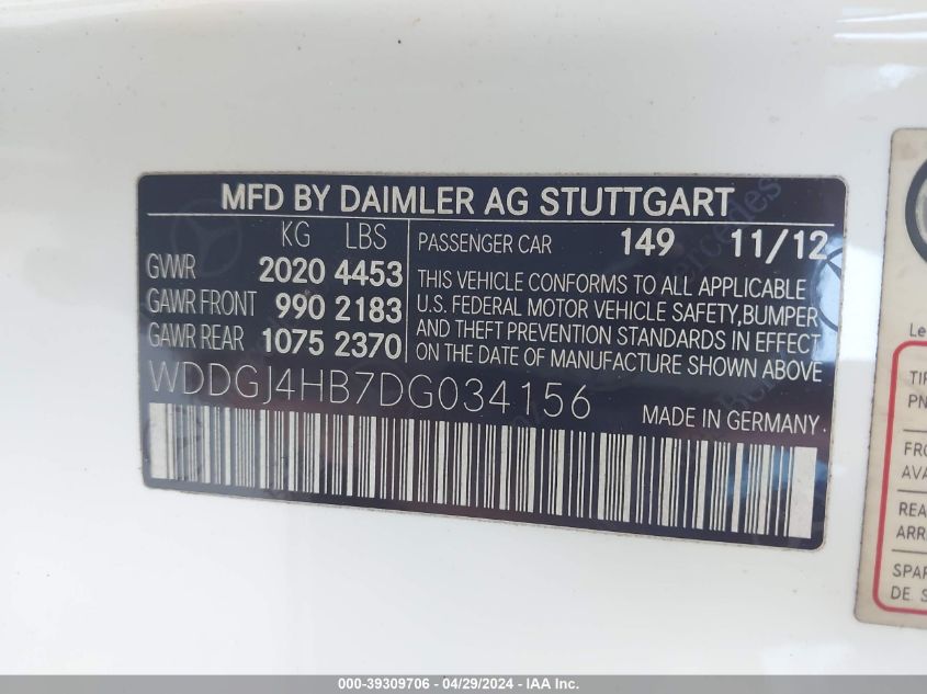 WDDGJ4HB7DG034156 | 2013 MERCEDES-BENZ C 250