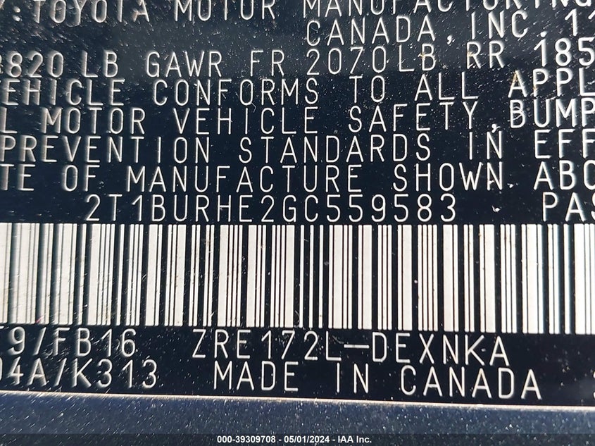 2016 TOYOTA COROLLA L/LE/LE PLS/PRM/S/S PLS - 2T1BURHE2GC559583