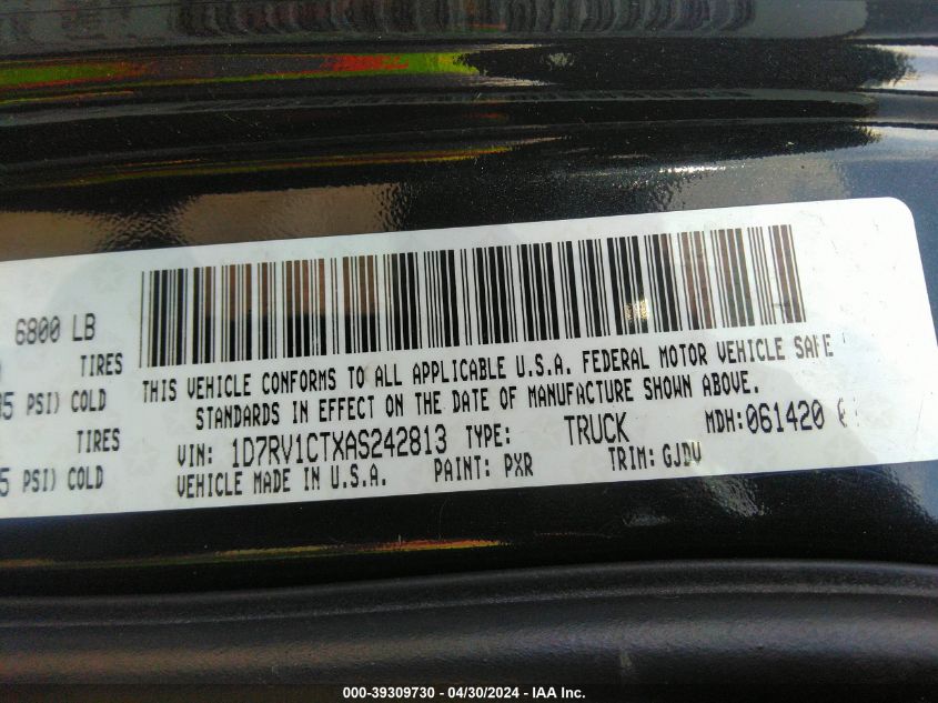 2010 Dodge Ram 1500 Laramie VIN: 1D7RV1CTXAS242813 Lot: 39309730