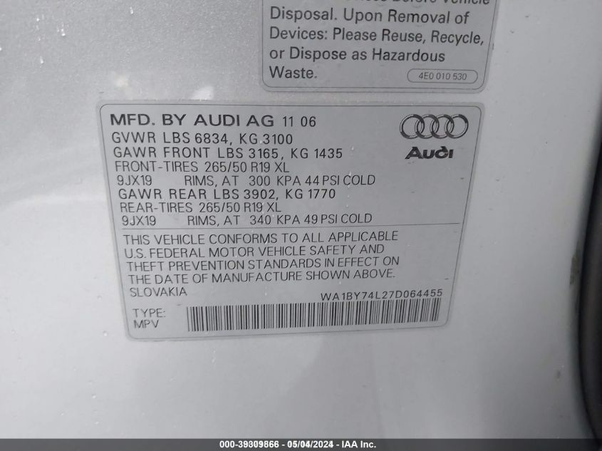 WA1BY74L27D064455 2007 Audi Q7 3.6 Premium