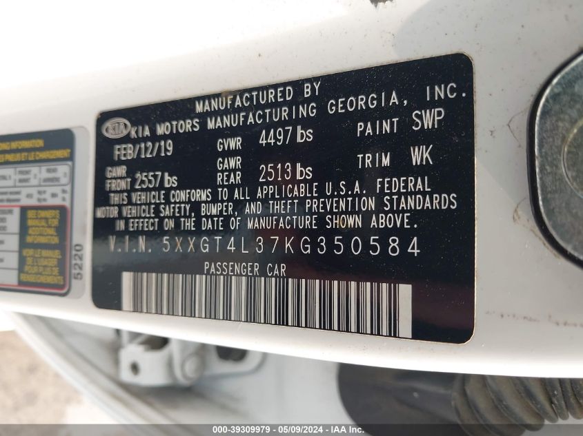 2019 Kia Optima Lx VIN: 5XXGT4L37KG350584 Lot: 39309979