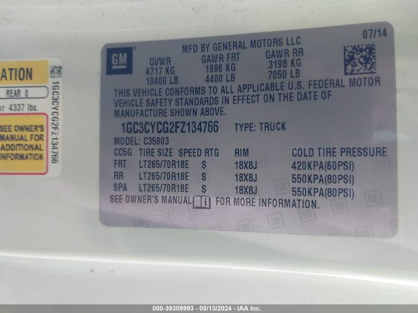 2015 Chevrolet Silverado 3500Hd Wt VIN: 1GC3CYCG2FZ134766 Lot: 39309993