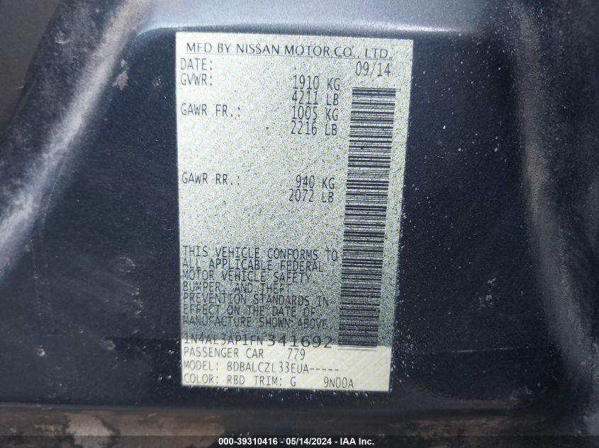 2015 Nissan Altima 2.5/2.5 S/2.5 Sl/2.5 Sv VIN: 1N4AL3AP1FN341692 Lot: 39310416