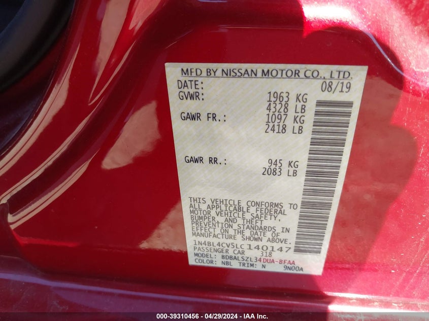 VIN 1N4BL4CV5LC140147 2020 NISSAN ALTIMA SR FWD
