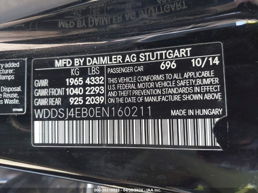 WDDSJ4EB0EN160211 2014 Mercedes-Benz Cla 250