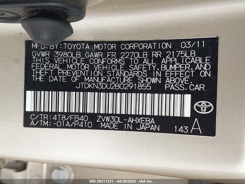 JTDKN3DU2B0291855 | 2011 TOYOTA PRIUS