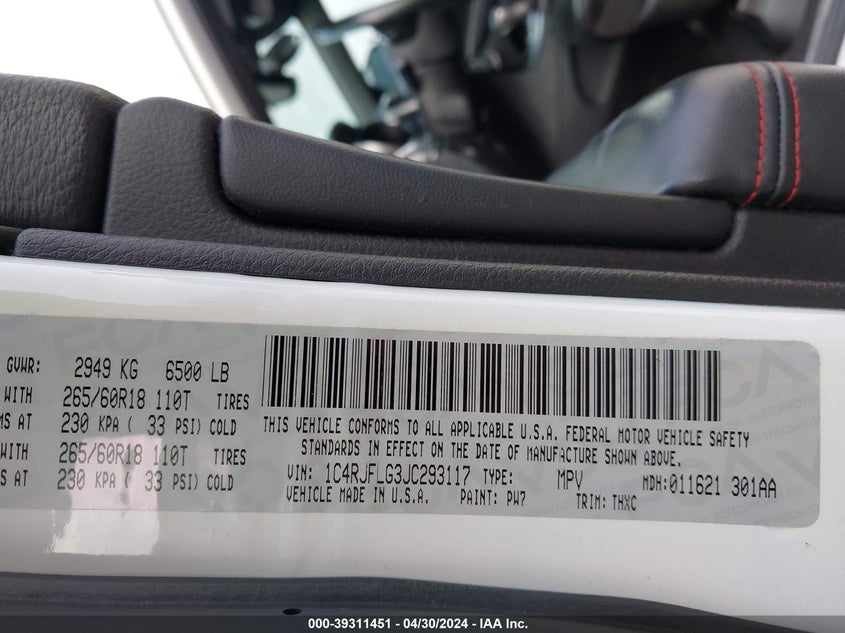 VIN 1C4RJFLG3JC293117 2018 JEEP GRAND CHEROKEE TRAILHAWK 4X4