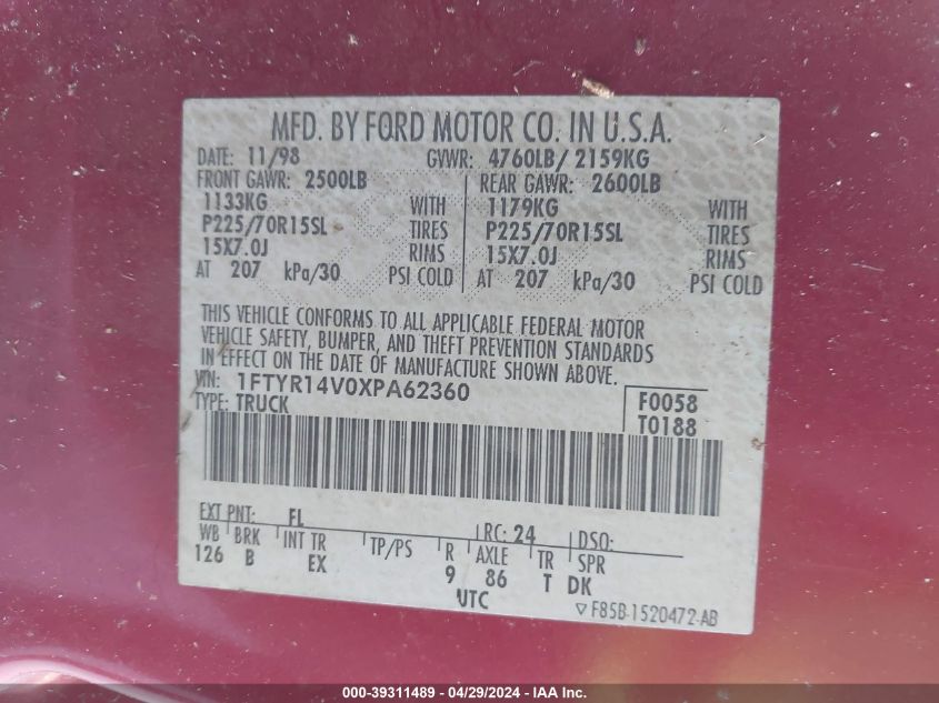 1FTYR14V0XPA62360 | 1999 FORD RANGER