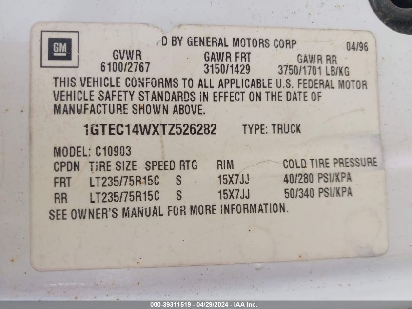 1996 GMC Sierra C1500 VIN: 1GTEC14WXTZ526282 Lot: 39311519