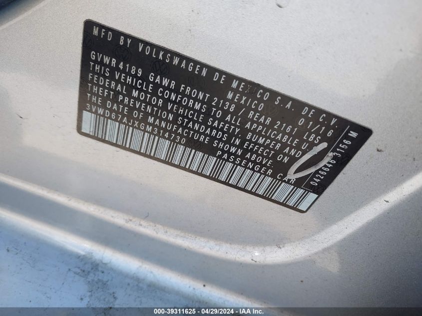 2016 VOLKSWAGEN JETTA 1.4T SE - 3VWD67AJXGM314730