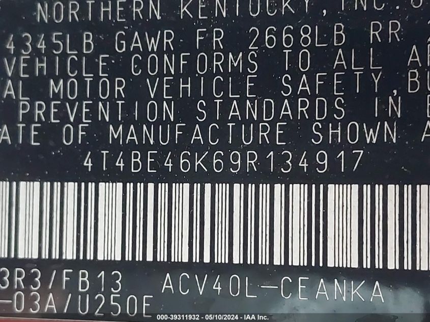 2009 Toyota Camry Le VIN: 4T4BE46K69R134917 Lot: 39311932