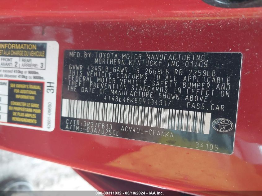 2009 Toyota Camry Le VIN: 4T4BE46K69R134917 Lot: 39311932