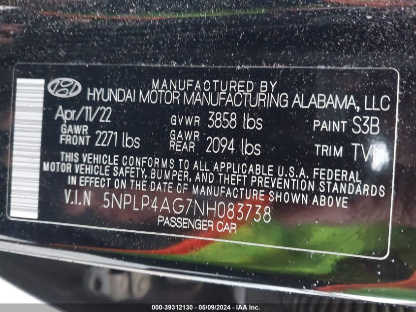 2022 Hyundai Elantra Limited VIN: 5NPLP4AG7NH083738 Lot: 39312130