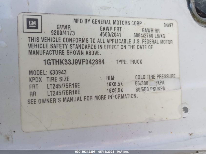 1997 GMC Sierra K3500 VIN: 1GTHK33J9VF042884 Lot: 39312398