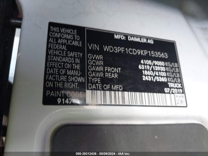 2019 MERCEDES-BENZ SPRINTER 2500 VIN: WD3PF1CD9KP153563