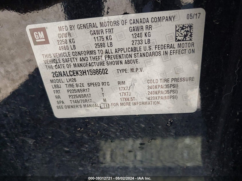VIN 2GNALCEK3H1598602 2017 CHEVROLET EQUINOX LT
