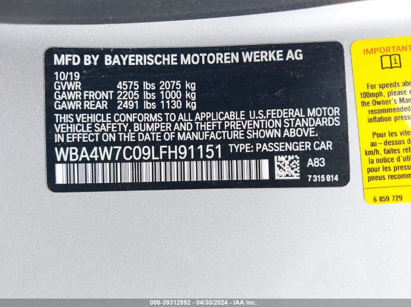 2020 BMW 440I VIN: WBA4W7C09LFH91151 Lot: 39312892