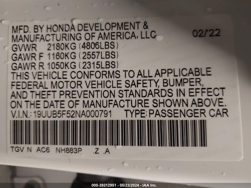 2022 Acura Tlx A-Spec Package VIN: 19UUB5F52NA000791 Lot: 39312951