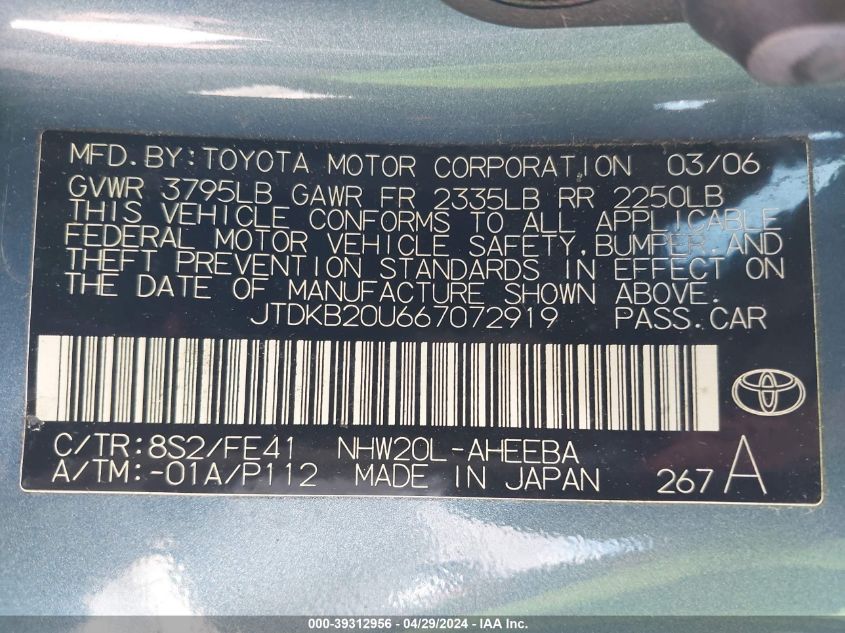 JTDKB20U667072919 | 2006 TOYOTA PRIUS