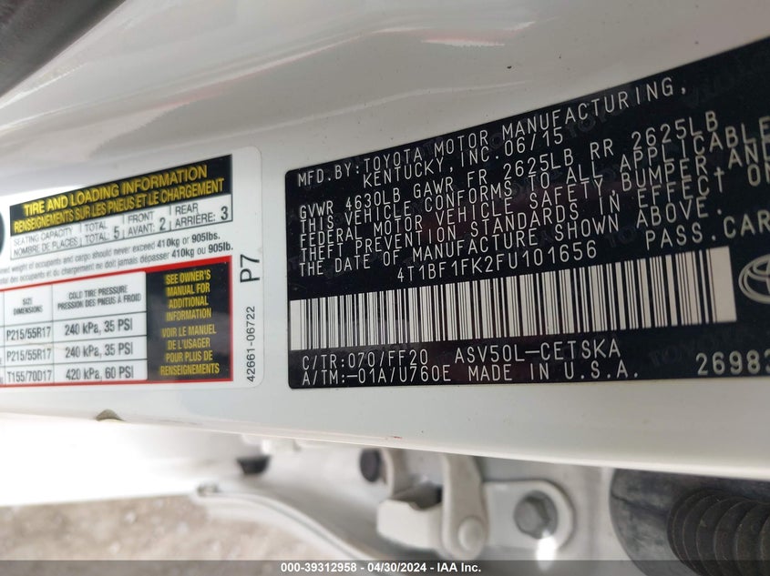 2015 TOYOTA CAMRY SE - 4T1BF1FK2FU101656