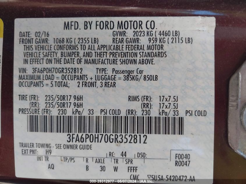 2016 FORD FUSION SE - 3FA6P0H70GR352812