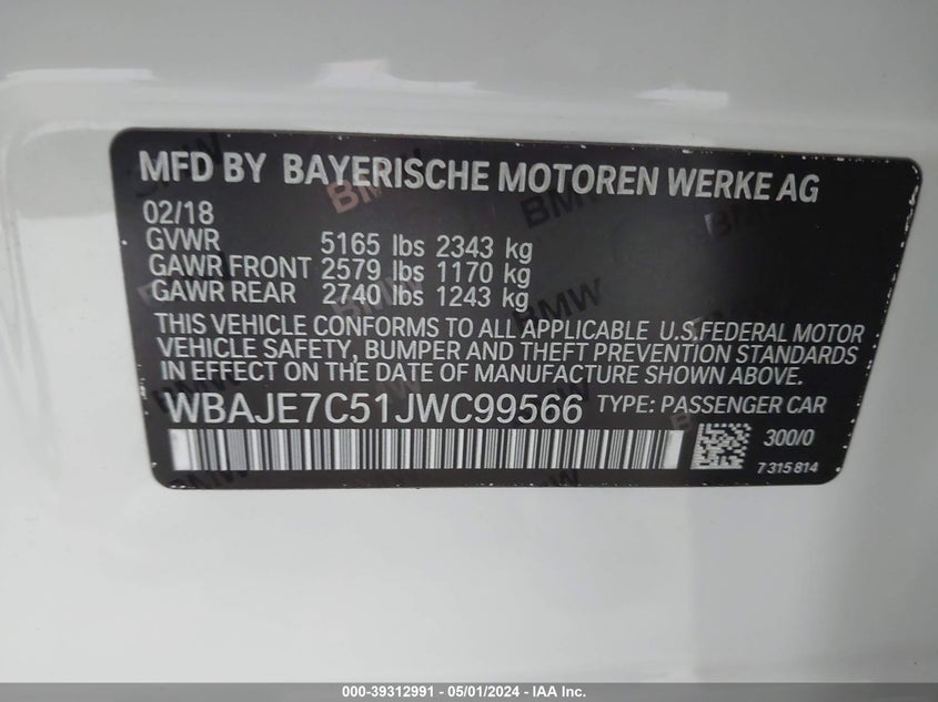 2018 BMW 540I XDRIVE - WBAJE7C51JWC99566