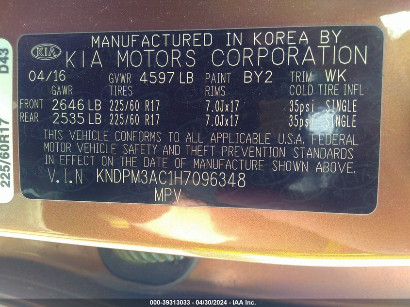 2017 KIA SPORTAGE VIN: KNDPM3AC1H7096348