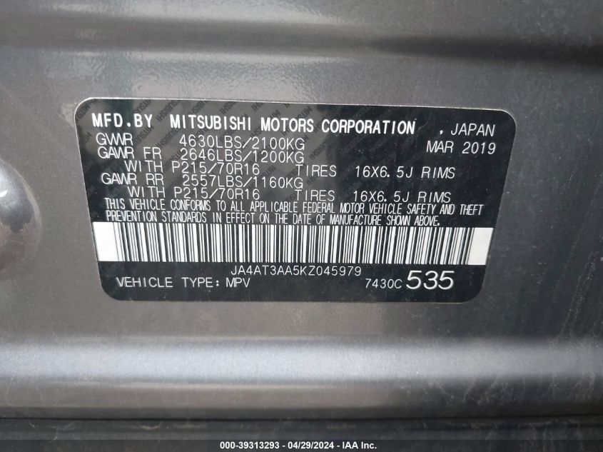 2019 Mitsubishi Eclipse Cross Es VIN: JA4AT3AA5KZ045979 Lot: 39313293