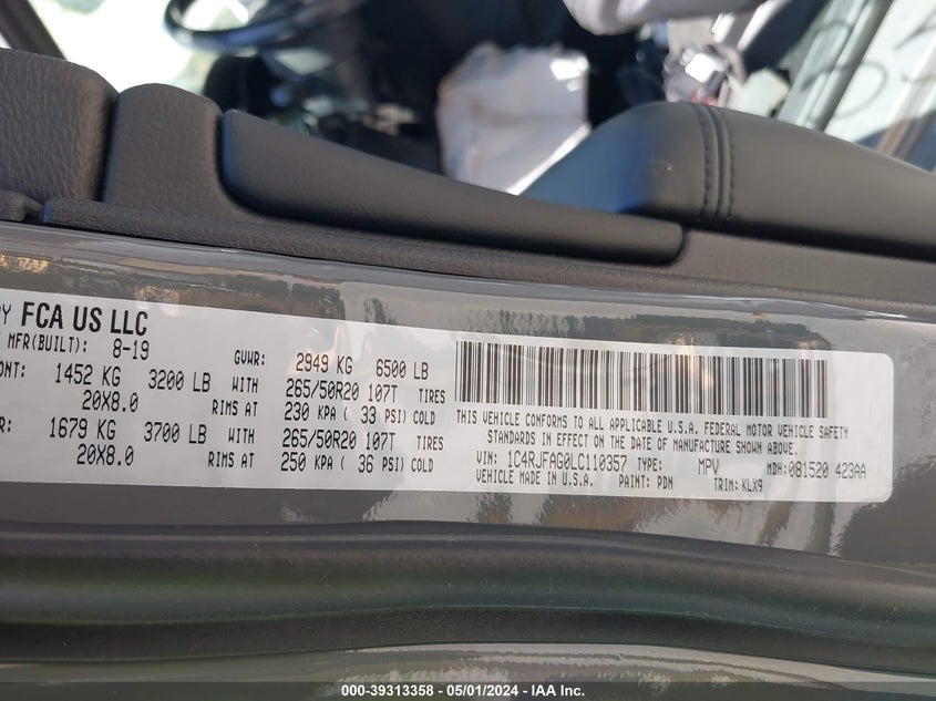 VIN 1C4RJFAG0LC110357 2020 JEEP GRAND CHEROKEE ALTITUDE 4X4