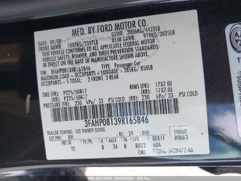 3FAHP08139R165846 | 2009 FORD FUSION