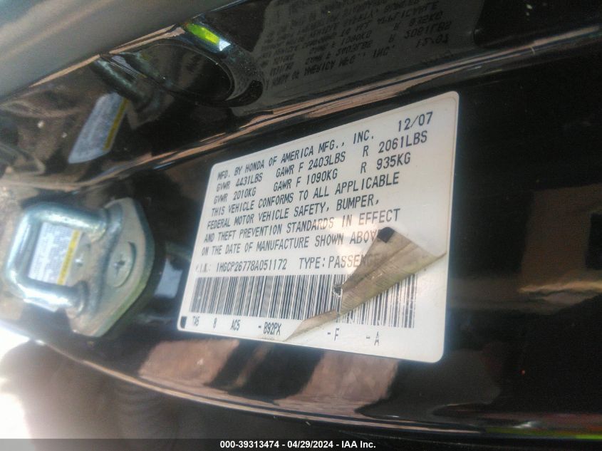 1HGCP26778A051172 | 2008 HONDA ACCORD