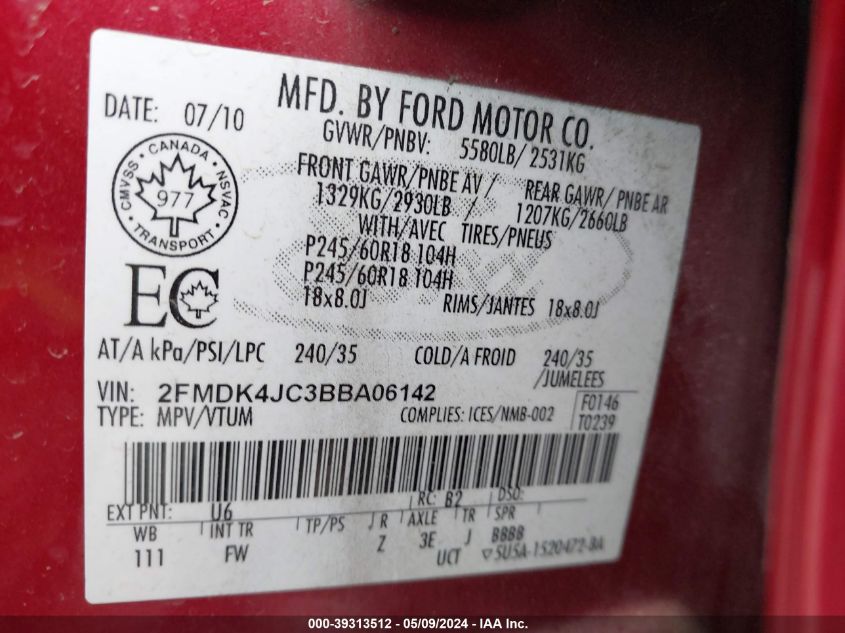 2011 Ford Edge Sel VIN: 2FMDK4JC3BBA06142 Lot: 39313512