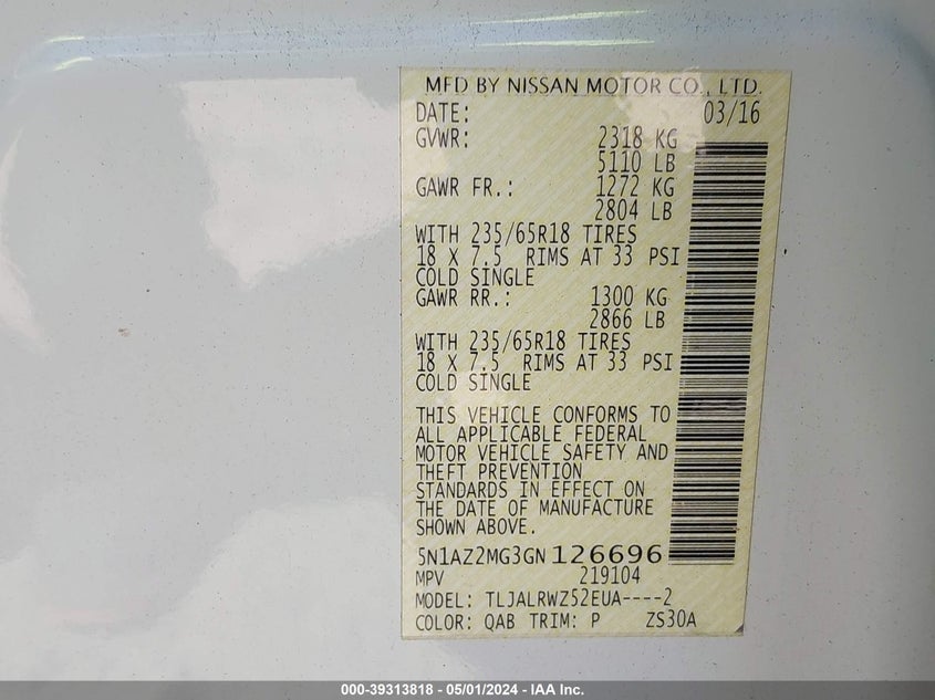 2016 NISSAN MURANO SL - 5N1AZ2MG3GN126696