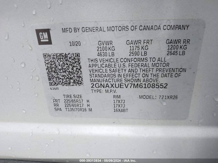 2021 Chevrolet Equinox Awd Lt VIN: 2GNAXUEV7M6108552 Lot: 39313934