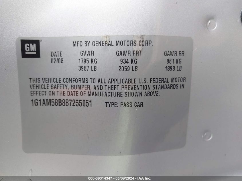 2008 Chevrolet Cobalt Sport VIN: 1G1AM58B887255051 Lot: 39314347