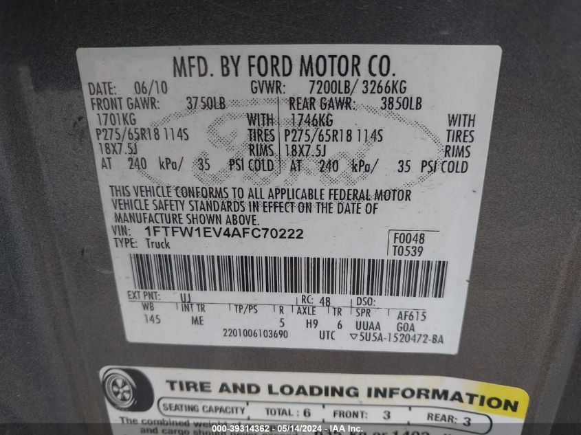 2010 Ford F150 Supercrew VIN: 1FTFW1EV4AFC70222 Lot: 39314362