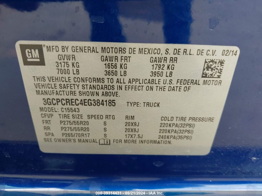 2014 Chevrolet Silverado 1500 1Lt VIN: 3GCPCREC4EG384185 Lot: 39314431