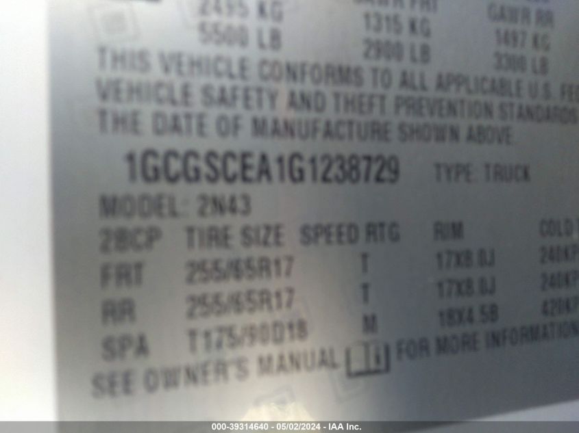 1GCGSCEA1G1238729 | 2016 CHEVROLET COLORADO