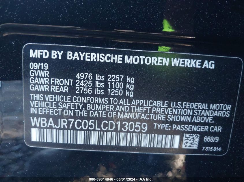 2020 BMW 530I xDrive VIN: WBAJR7C05LCD13059 Lot: 39314846
