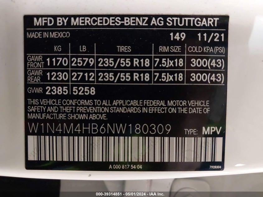 2022 MERCEDES-BENZ GLB 250 VIN: W1N4M4HB6NW180309