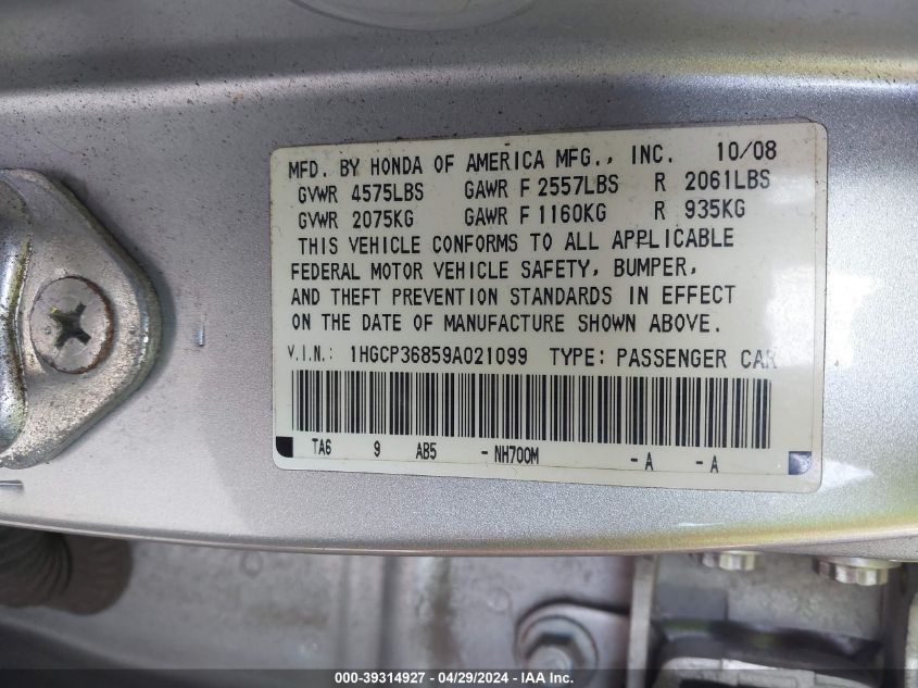 1HGCP36859A021099 | 2009 HONDA ACCORD