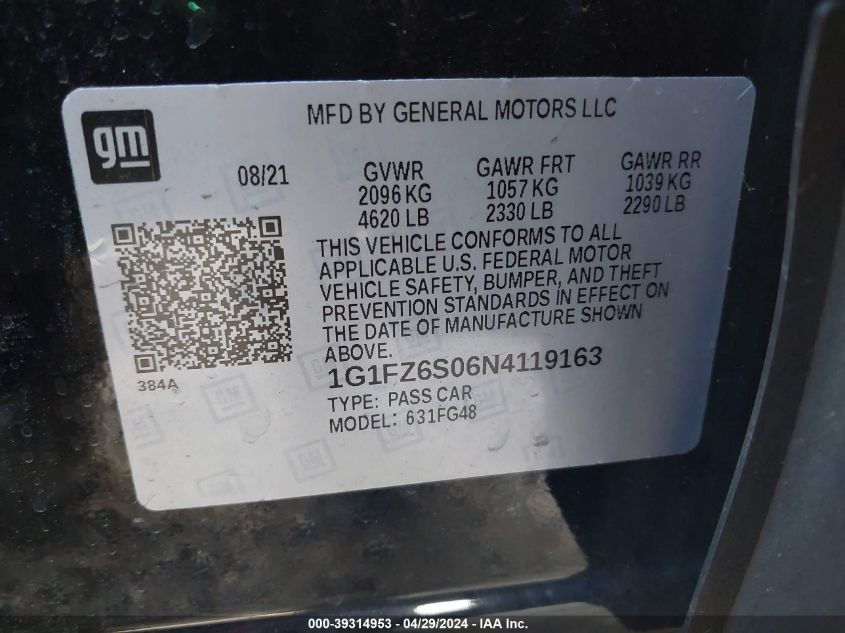 1G1FZ6S06N4119163 2022 Chevrolet Bolt Euv Fwd Premier