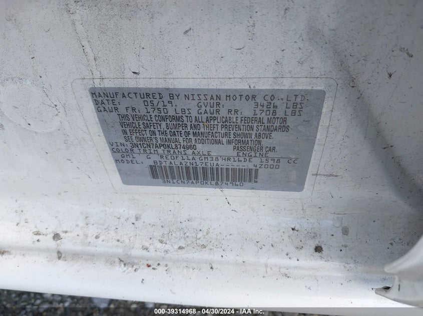 2019 NISSAN VERSA 1.6 S+ - 3N1CN7AP0KL874960