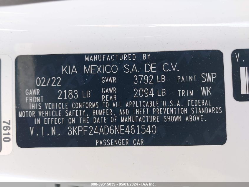 2022 Kia Forte Lxs VIN: 3KPF24AD6NE461540 Lot: 39315039