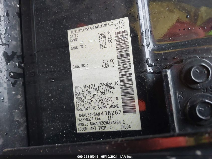 2010 Nissan Altima 2.5 S VIN: 1N4AL2AP8AN438262 Lot: 39315049