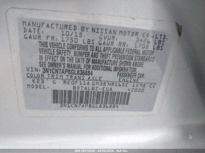 3N1CN7AP8GL836884 2016 Nissan Versa 1.6 Sv