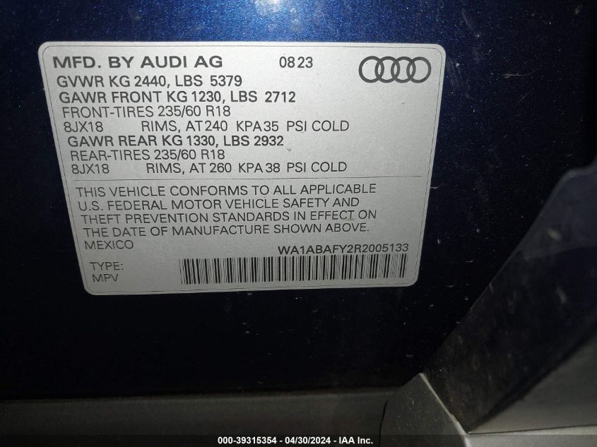 2024 Audi Q5 Premium 40 Tfsi Quattro S Tronic VIN: WA1ABAFY2R2005133 Lot: 39315354